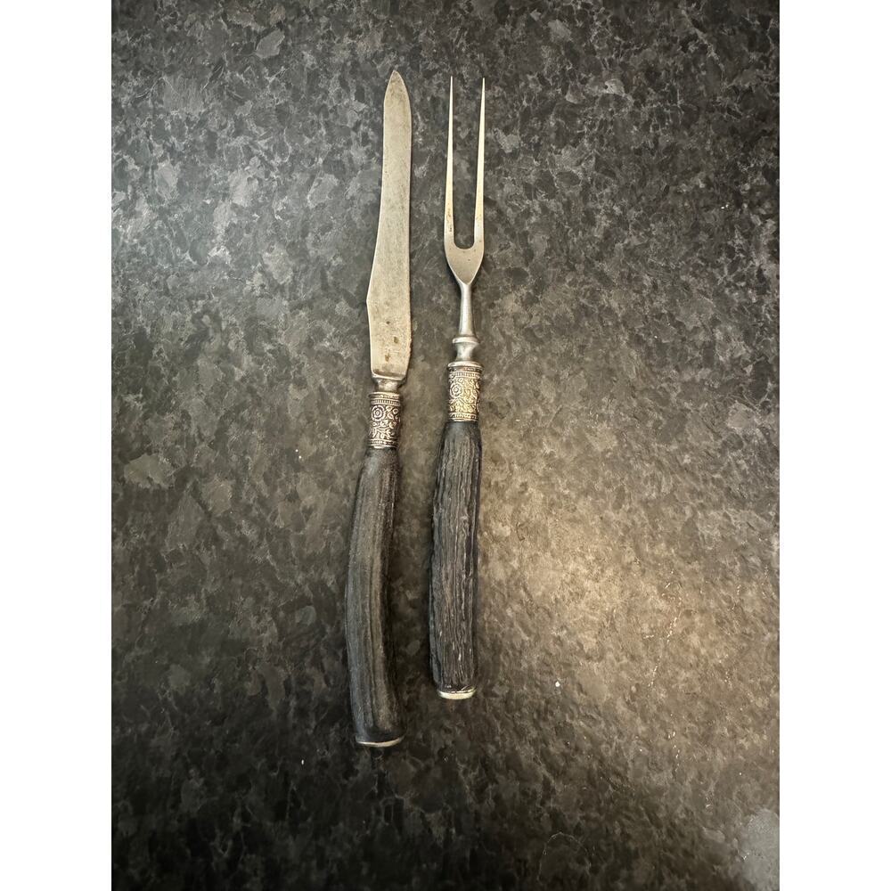 Antique Stag Handle Carving Knife & Fork Set Silver Ferrule Victorian Era